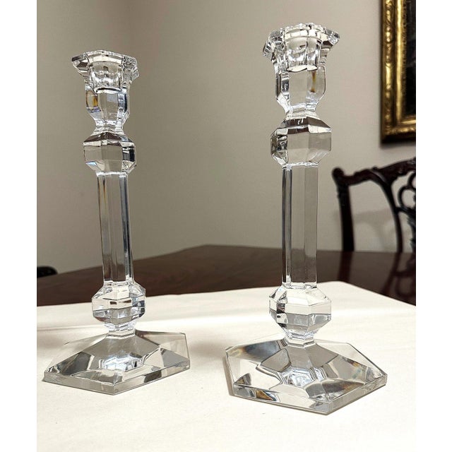 This pair of classic and elegant heavy clear crystal cut Val St. Lambert candleholders / candlesticks are in the sought-...