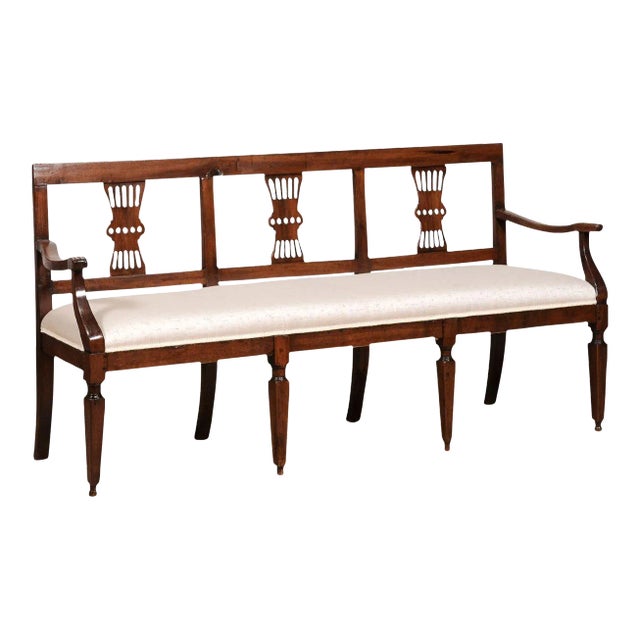 Italian 19th Century Walnut Three-Seater Bench with Carved Splats and Upholstery For Sale