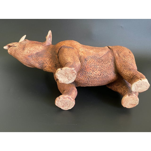 Ceramic Studio Art Pottery Detailed Rhino Box With Bird on Back For Sale - Image 7 of 13