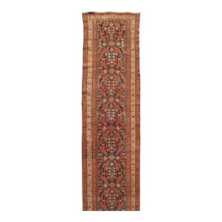 Early 20th Century Antique Malayer Long Runner Rug in Blue Background, Orange and Brown For Sale