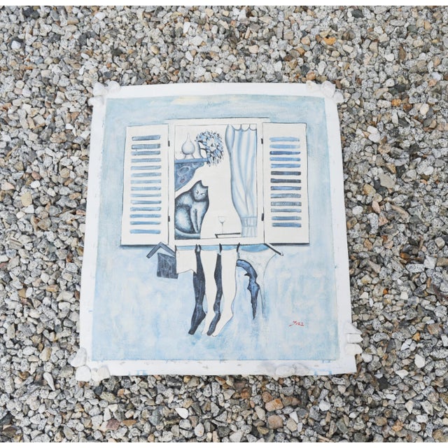 Sky Blue 1995 Vintage Cubist Sky Blue Oil Painting on Canvas, Signed Dated For Sale - Image 8 of 13