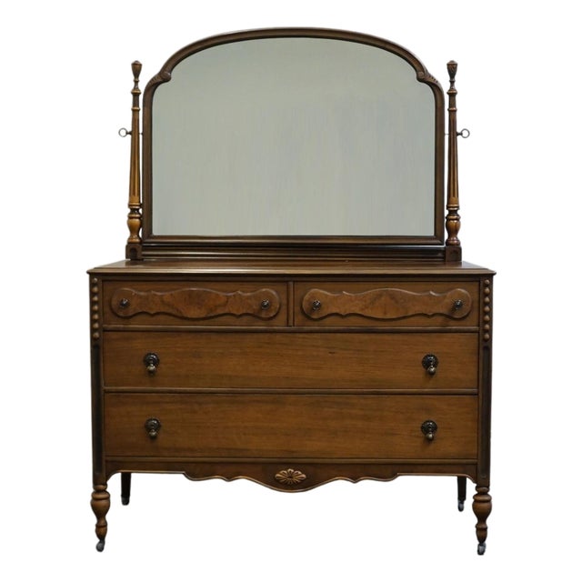 Berkey & Gay Solid Walnut French Provincial 50" Dresser W. Vanity Mirror For Sale