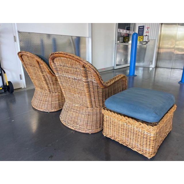 Late 20th Century Vintage Organic Modern Braided Rattan Lounge Chairs With Ottoman For Sale - Image 5 of 12