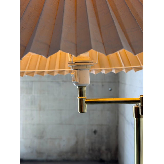 Mid-Century Modern Brass Swing-Arm Floor Lamp With Pleated Shade Danish Mid-Century Modern 1960s For Sale - Image 3 of 11