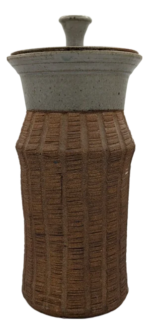 Vintage Mid Century Moderns Ribbed Ceramic Two Tone Vase With Lid, Signed