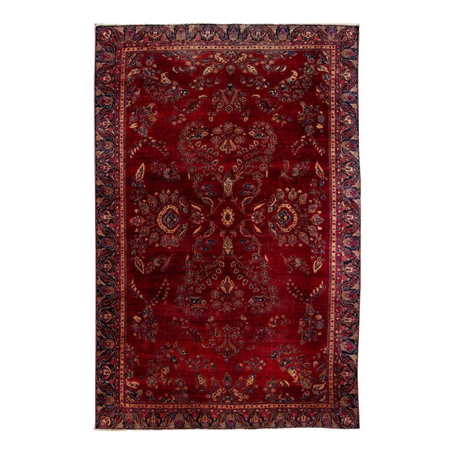 1920s Red Antique Persian Sarouk Wool Rug Handmade With Classic Floral Design For Sale