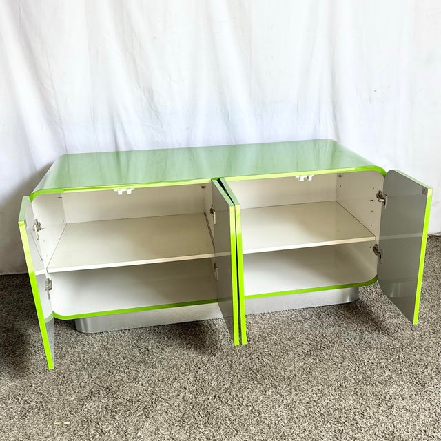 1980s 1980s Postmodern Lime Green Lacquer Laminate Waterfall Low Credenza For Sale - Image 5 of 8