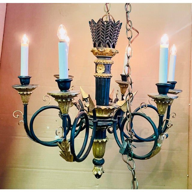 Mid 20th Century Neoclassic Arrow Italian Hand Carved Black Gold Painted Wood 6 Light Chandelier For Sale - Image 12 of 12