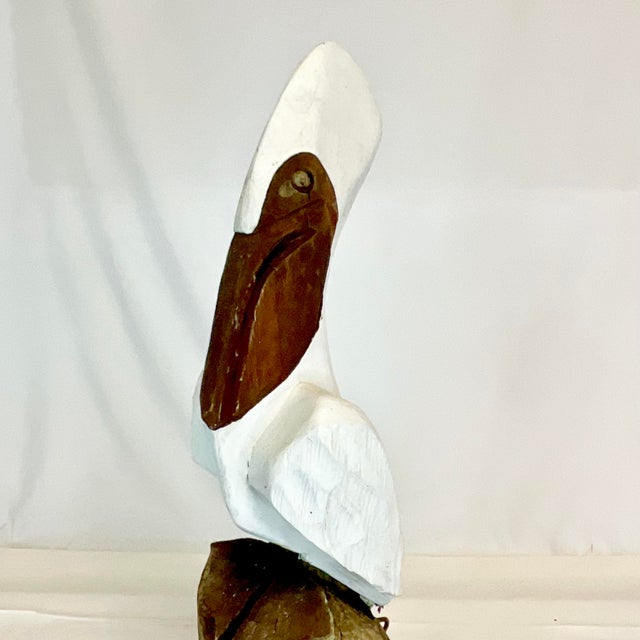 Vintage Coastal Folk Art Hand-Carved Pelican Sculpture From a Wooden Pier Post. For Sale - Image 9 of 13