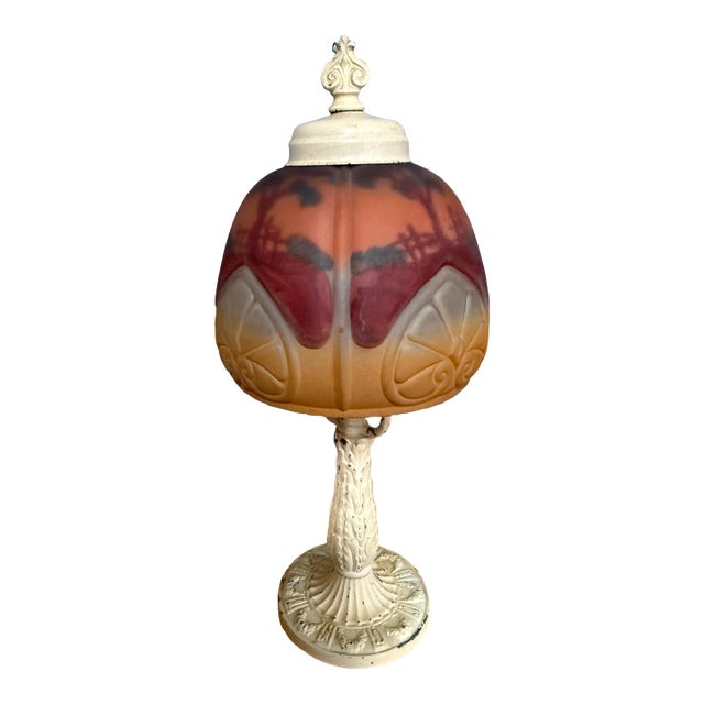 Antique 1920s Reverse Painted Puffed Glass Boudoir Lamp Jefferson Style Scenic Sunset For Sale