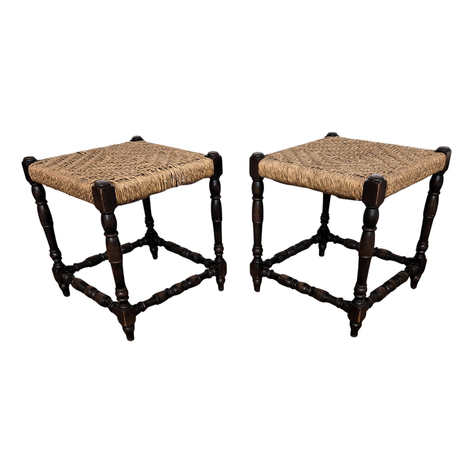 Mid-Century Italian Carved Wood and Woven Rope Stools, 1960s, Set of 2 ...