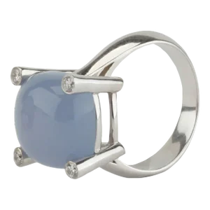 18kt White Gold Small Cushion Ring with Cabochon Chalcedony and Diamonds