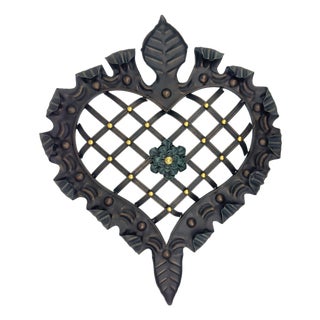 Hand-Forged Wrought Iron Heart Wall Decor (Ruffled Edge & Lattice Design) Antique Copper Finish For Sale