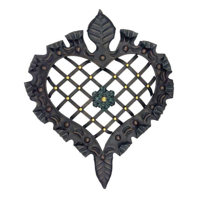 Hand-Forged Wrought Iron Heart Wall Decor (Ruffled Edge & Lattice Design) Antique Copper Finish For Sale
