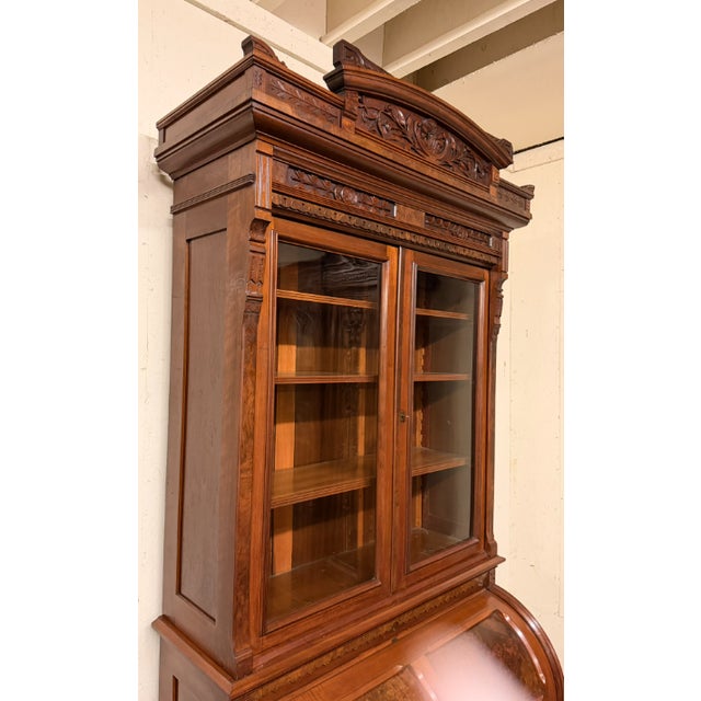 Late 19th Century Victorian American Eastlake Burl Walnut Cylinder Roll Top Desk With Pull-Out Writing Surface For Sale - Image 10 of 18