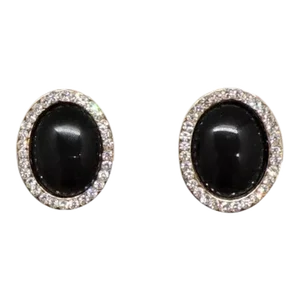 Vintage Signed Bjioux Cascio Italy Cabochon Faux-Onyx Clip Earrings - 2 Pieces