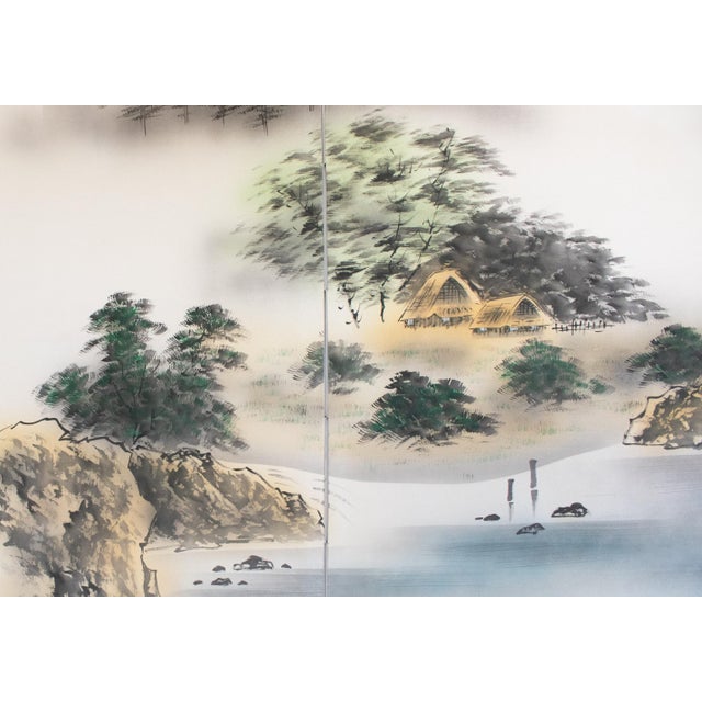 Large Showa Era Japanese Byobu Screen "Mountain Landscape With River" For Sale - Image 12 of 18