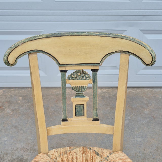 French Provincial Late 19th Century French Provençal Directoire Painted Carved Back Rush Seat Dining Chairs, Set of 8 For Sale - Image 3 of 16