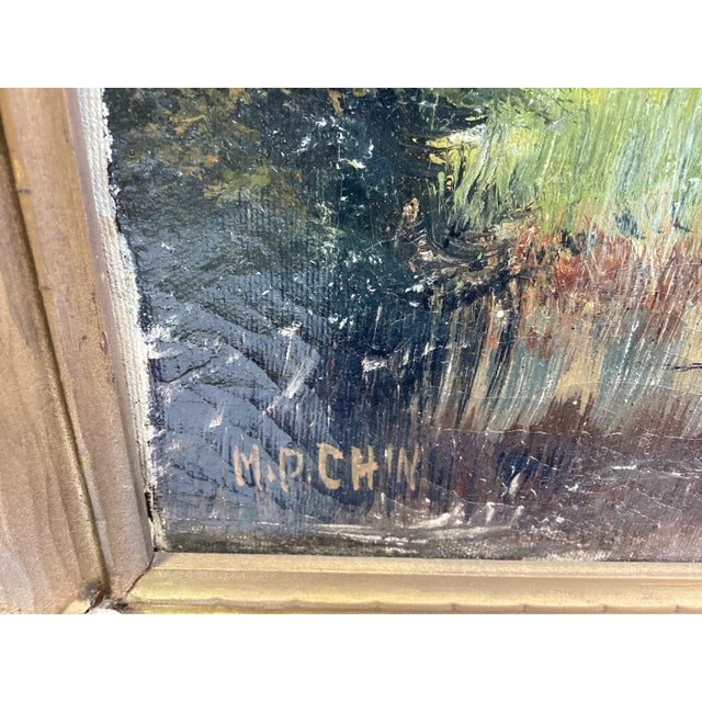 Textile Early 20th Century Large Landscape With Cherry Blossoms Painting on Canvas Signed M.P.Chin, Framed For Sale - Image 7 of 9