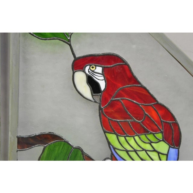 Glass Vintage Leaded Stained Glass Red and Blue Parrot Bird Window Suncatcher - A Pair For Sale - Image 7 of 11