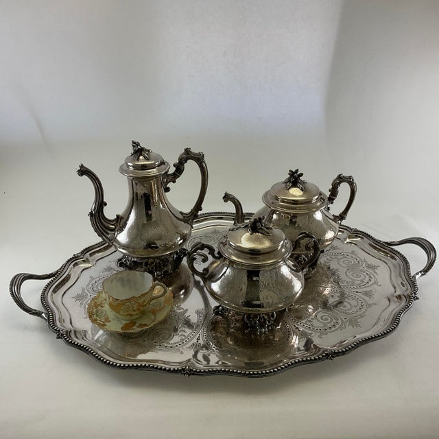 Late 19th Century Napoleon III Sterling 3 Pc Tea & Coffee Set w/ Tray For Sale - Image 11 of 18