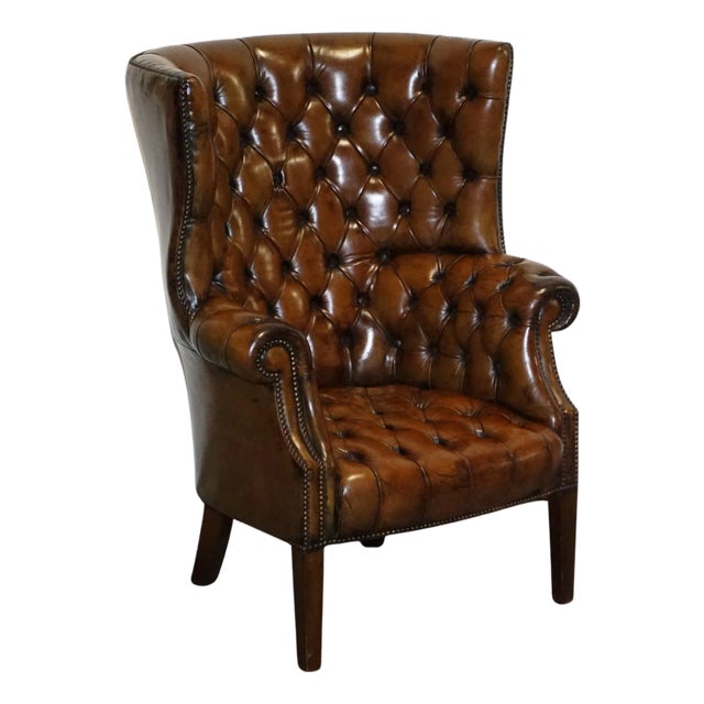 Hand-Dyed Leather Chesterfield Porter's Wingback Armchair For Sale