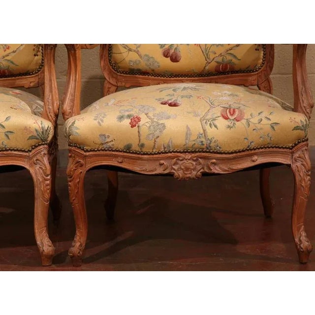 Early 20th Century Pair of Early 20th Century French Louis XV Walnut Fauteuils With Scalamandré For Sale - Image 5 of 10