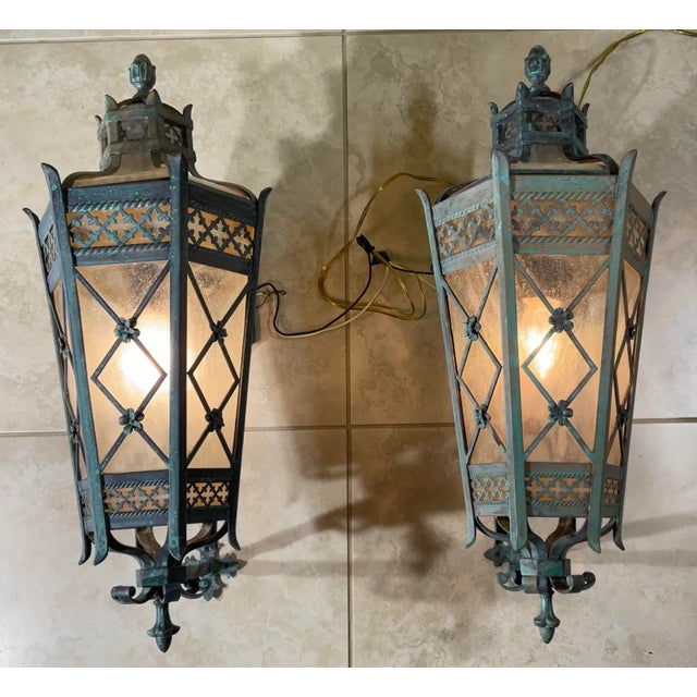 1980s Large Pair of Handcrafted Wall-Mounted Solid Brass Lanterns / Sconces For Sale - Image 4 of 18