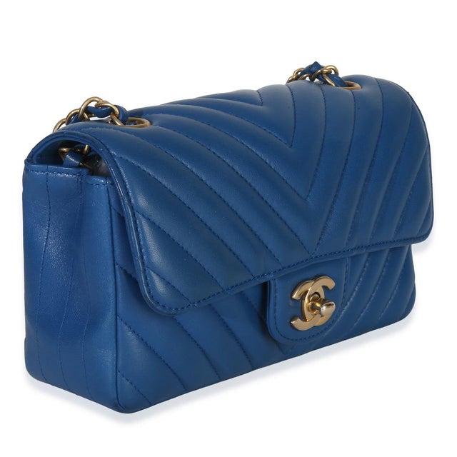 Traditional Blue Lambskin Chevron Mini Rectangular Flap Bag For Sale - Image 3 of 9