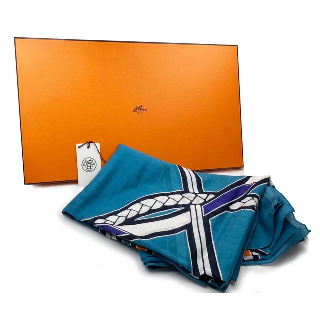 SALE 12/2(mon)までエルメス　Hermes cotton shawl Hermes Blue Bridle Cotton Large Shawl Wrap | Chairish