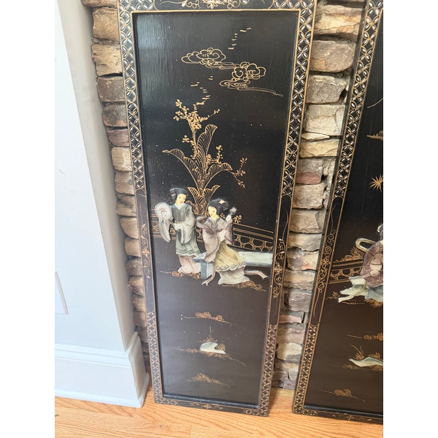 Vintage Chinese Black Lacquer 4-Panel Folding Screen Room Divider - Soapstone & Mother-of-Pearl Inlay For Sale - Image 10 of 18