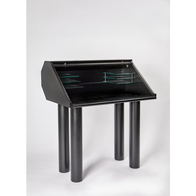 1970s Featured in The 2020 San Francisco Decorator Showcase — 1970s Hans Eichenberger for Röthlisberger Postmodern Black Mahogany & Chrome Roll-Top Desk For Sale - Image 5 of 13