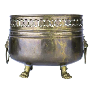 1940s Spanish Brass Jardiniere With Lion Feet and Heads With Rings