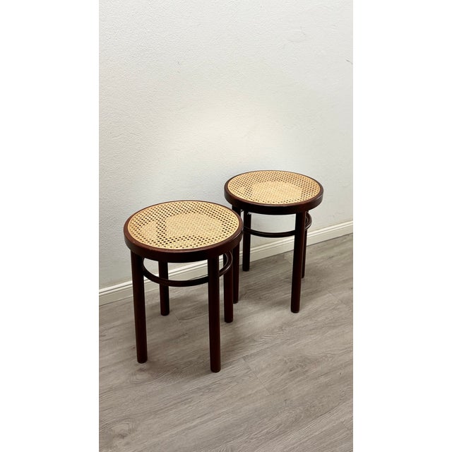 Mid-Century Modern Bentwood Stools 214 with Viennese Wickerwork on Brown Wood by Thonet Brothers for Thonet, 1981, Set of 2 For Sale - Image 3 of 18