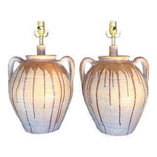 Vintage Boho Matte Terracotta Drip Glaze Lamps - a Pair For Sale