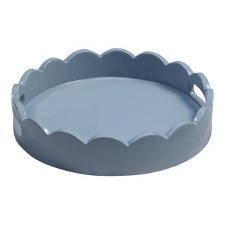 Scalloped Lacquer 16" Round Tray in Pale Blue For Sale