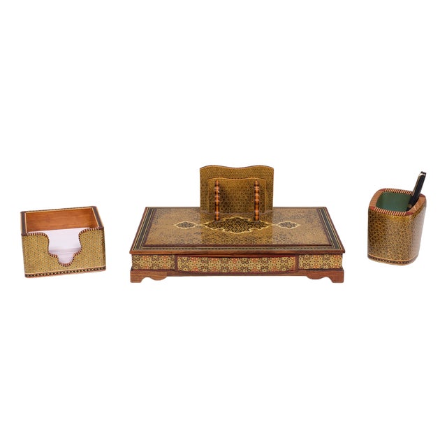 Vintage Middle Eastern Khatam Pen and Letter Desk Set, Set of 3 For Sale