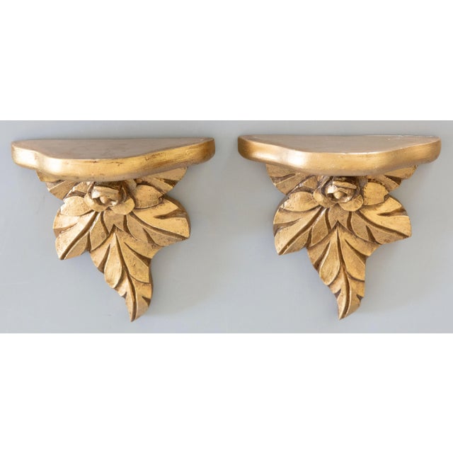 Mid-Century Modern Vintage Italian Gilt Plaster Roses Wall Brackets Shelves - a Pair For Sale - Image 3 of 8
