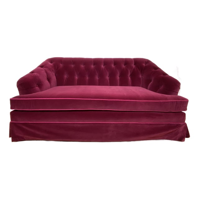 Late 20th Century Newly Upholstered Tufted Salon Sofa in Burgundy Velvet For Sale