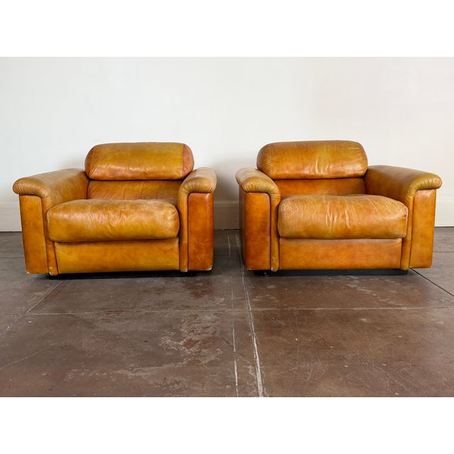 1970s Vintage 1970's Italian Cognac Leather Lounge Chairs For Sale - Image 5 of 16