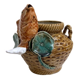Majolica Fish Basket Vase For Sale