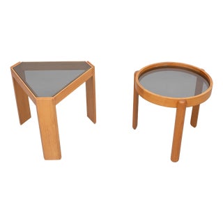 Beechwood Smoked Glass Side Tables by Porada Arredi, Italy, 1970s, Set of 2 For Sale