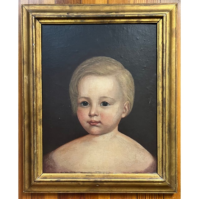 Paint Antique 18th Century English George III Primitive Folk Art Oil Painting - Portrait of a Young Boy in Gilt Wood Frame Circa 1790 For Sale - Image 7 of 12