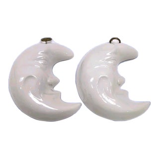 VTG Pair Celestial Ceramic Crescent Moon Faces Abc Bassano Italy Wall Hanging For Sale