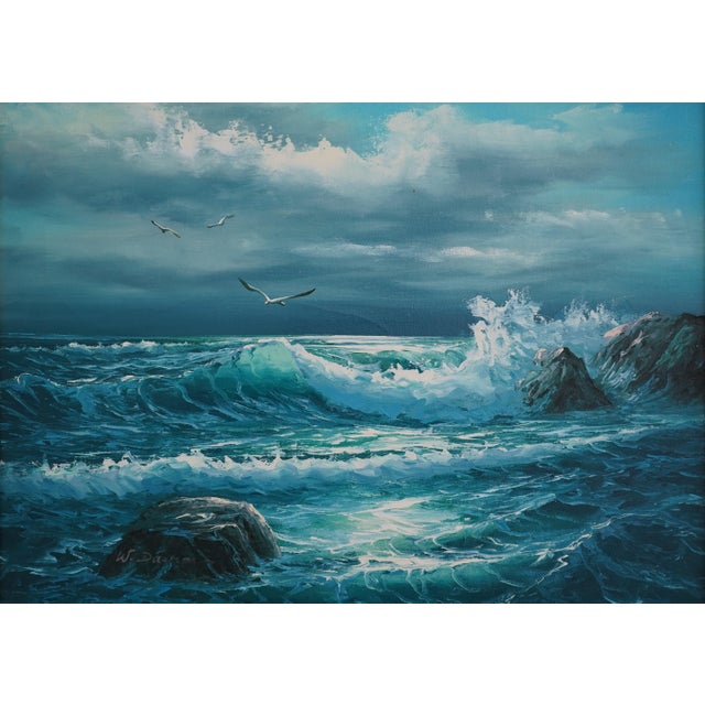 W. Dawson Signed Ocean & Seagull Oil Painting on Canvas For Sale In Philadelphia - Image 6 of 12