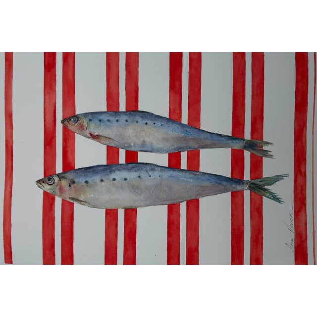 “Sardinelles on Red” Original Impressionistic Watercolor Colored Pencils on Paper Fish Still Life by Anna Novick For Sale - Image 4 of 12