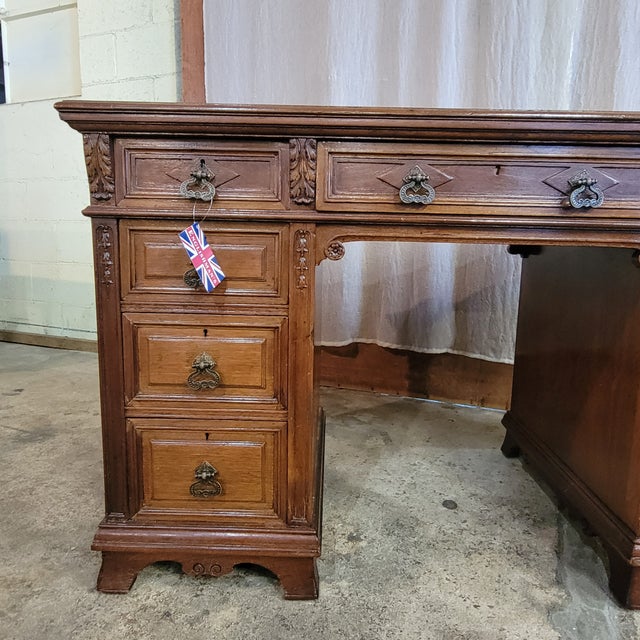 Antique English Oak Leather Top Pedestal Desk With Acanthus Leaf Carvings For Sale - Image 4 of 11