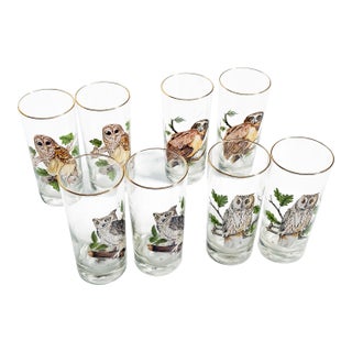 Vintage 1970s Mid Century Gold Rim Owl Wildlife Highball Drinking Glasses - Set of 8 For Sale