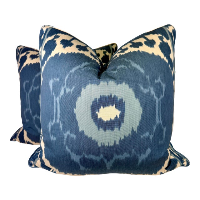Schumacher "Samarkind Ikat Ii” in Porcelain 22" Pillows-a Pair For Sale