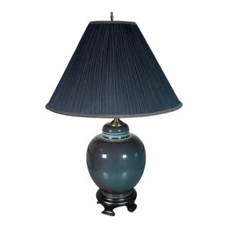 Vintage Hollywood Regency Ombre Ceramic Ginger Jar Table Lamp With Navy Pleated Shade For Sale